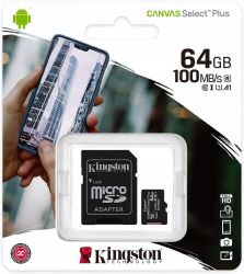 KINGSTON CANVAS SELECT PLUS MICRO SDXC PAMčOV KARTA + ADAPTER 64GB CLASS 10 UHS-I U1 (RCHLOS TANIA 100 MB/S)